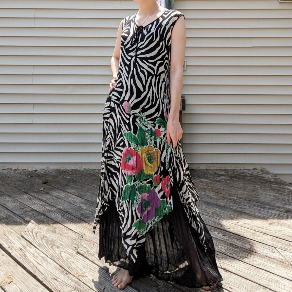 Vintage 90's Zebra Floral Print Flowy Maxi Dress